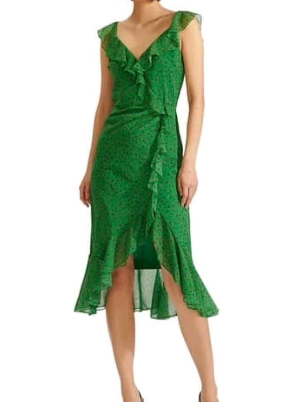 100% Silk Veronica Beard Asymmetrical Green Dress with Ruffles